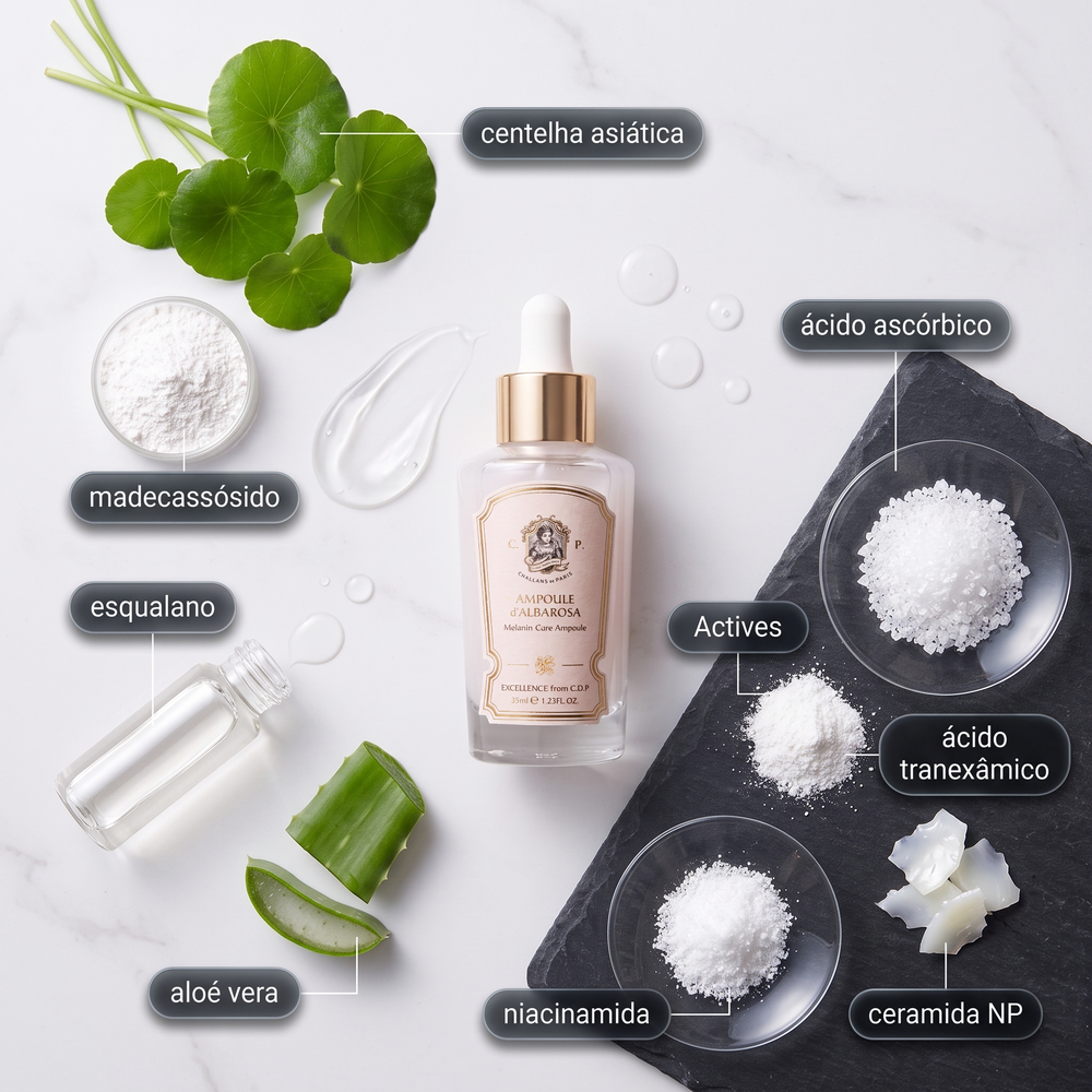 A skincare serum bottle is centered on a light marble surface, surrounded by labeled ingredient callouts and ingredient piles: centelha asiática leaves, madeassossído powder, esqualano oil, aloé vera slice, and active/ceramide powders on a dark slate tray.